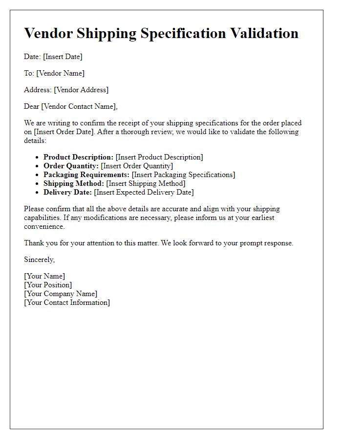 Letter template of vendor shipping specification validation