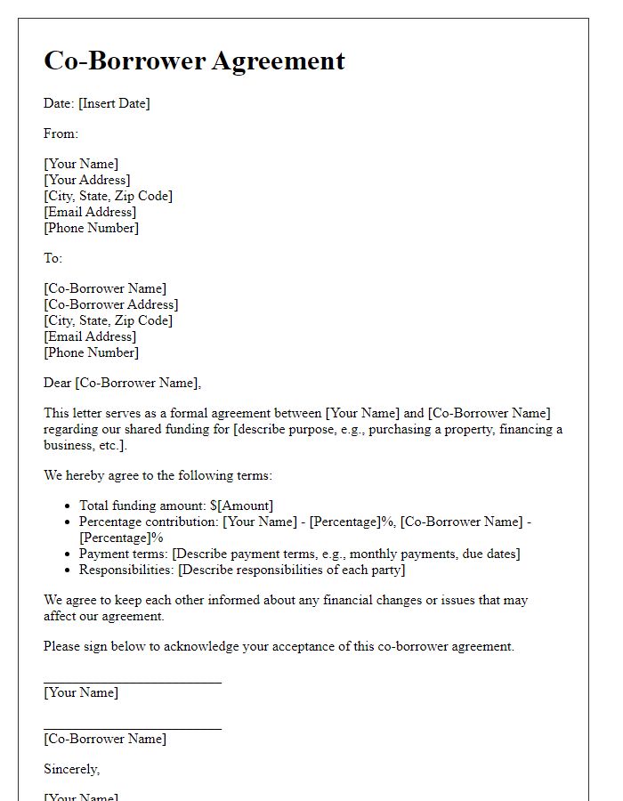 Letter template of co-borrower agreement for shared funding