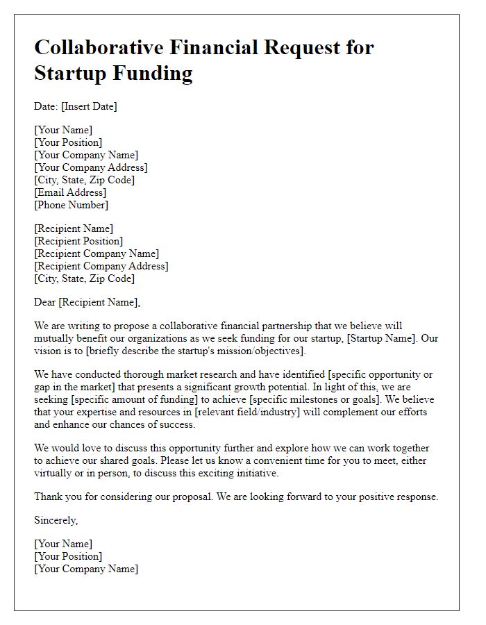 Letter template of collaborative financial request for startup funding