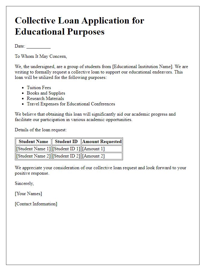 Letter template of collective loan form for educational purposes