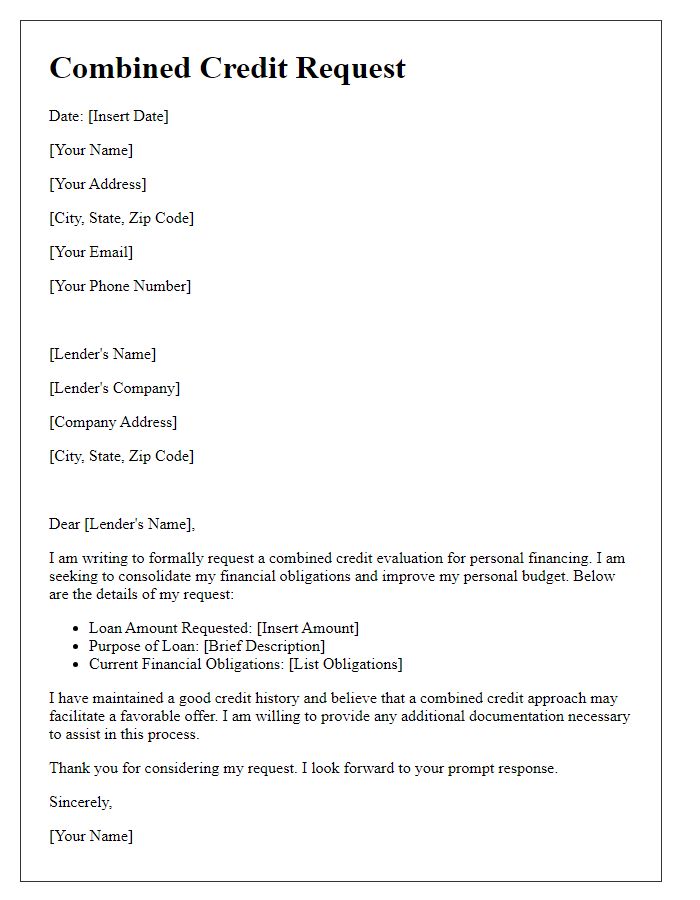 Letter template of combined credit request for personal financing