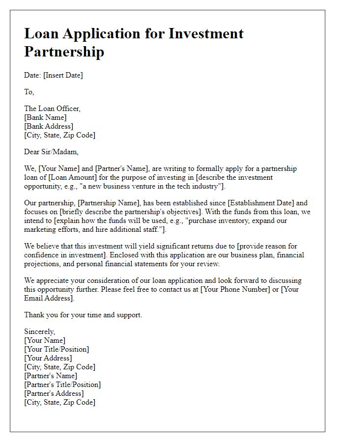 Letter template of partnership loan application for investment