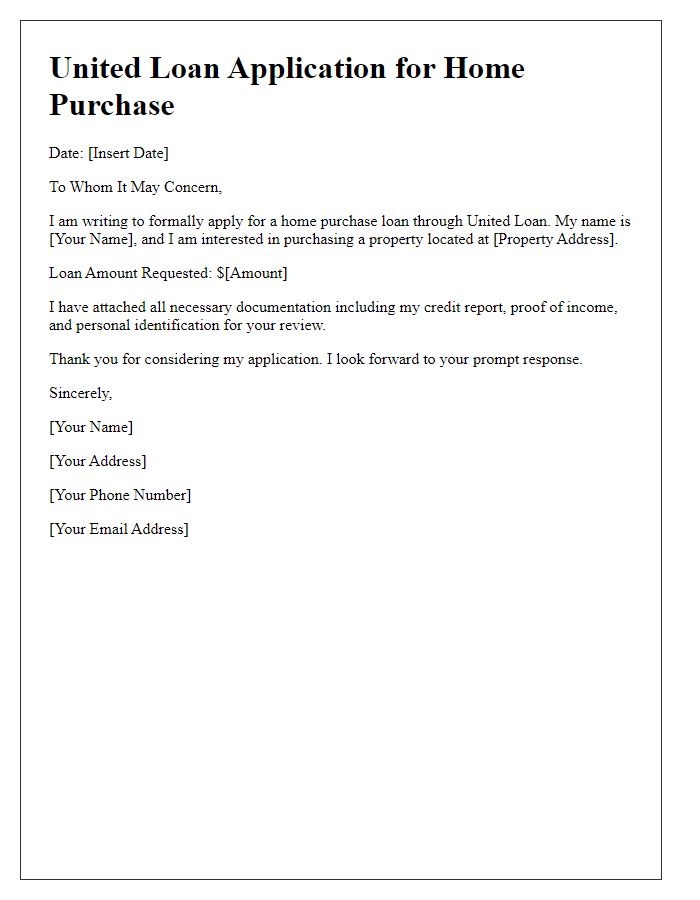 Letter template of united loan application for home purchase