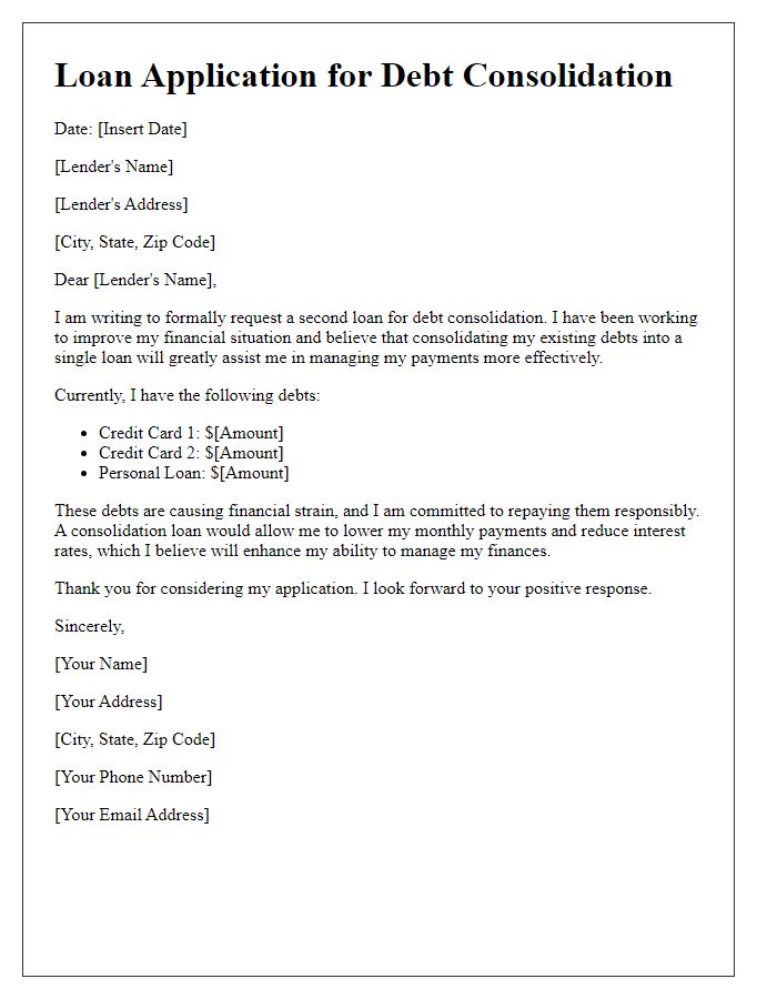 Letter template of second loan application for debt consolidation.