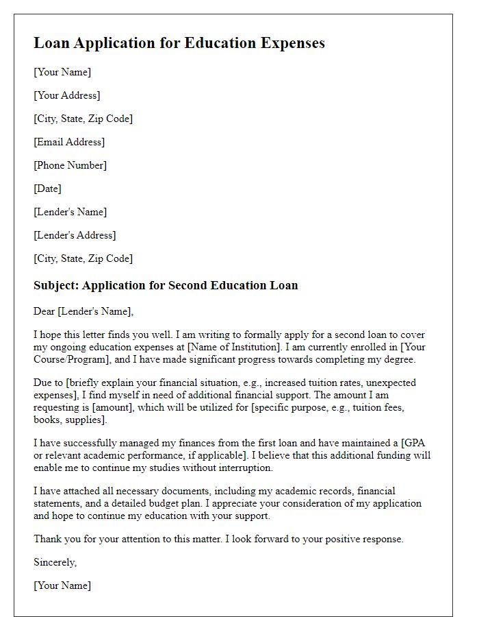 Letter template of second loan application for education expenses.