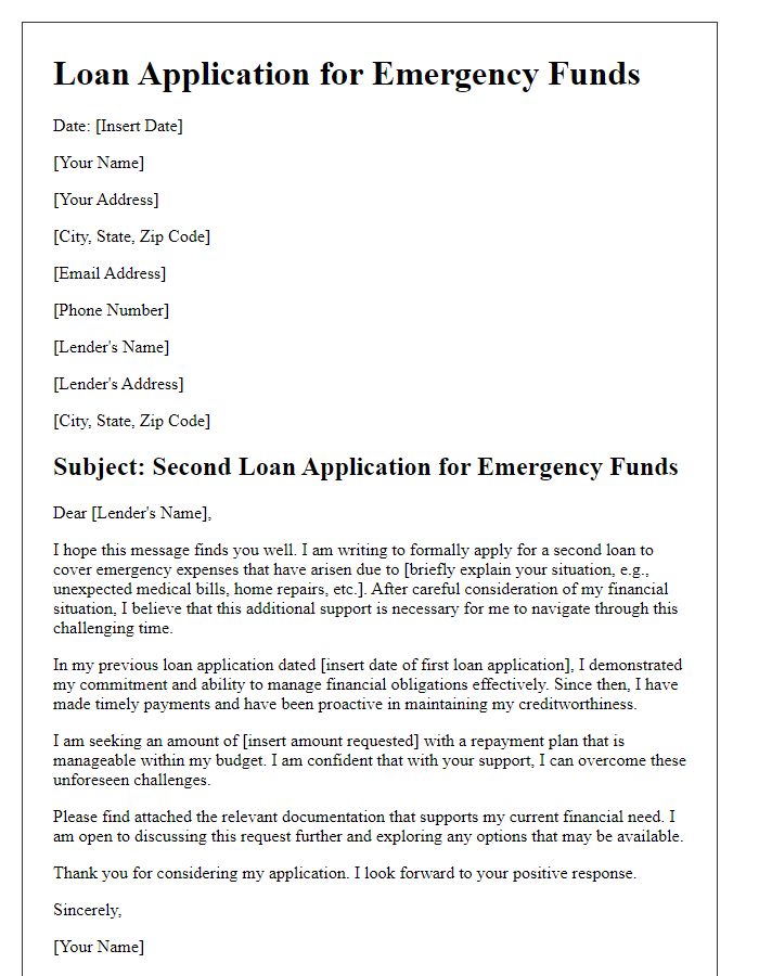 Letter template of second loan application for emergency funds.