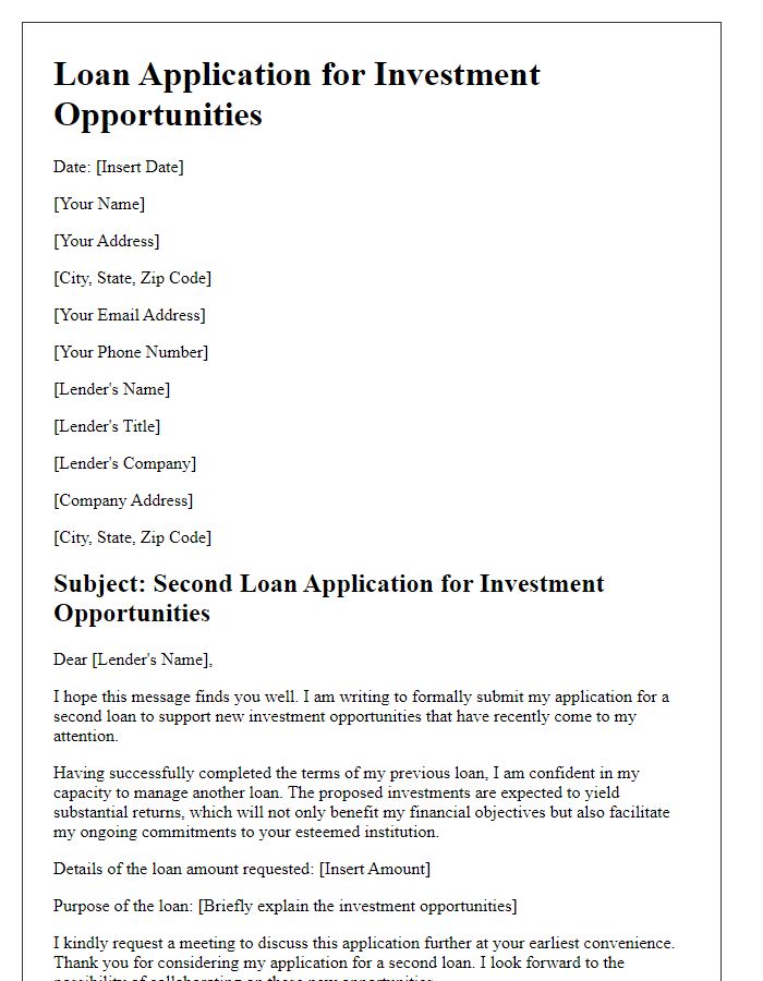 Letter template of second loan application for investment opportunities.