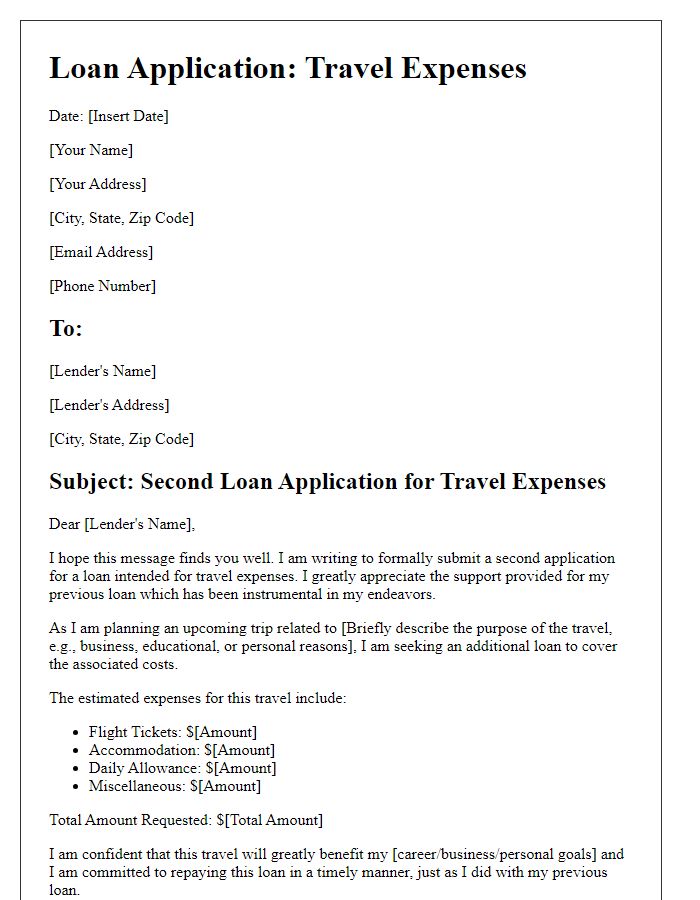 Letter template of second loan application for travel expenses.