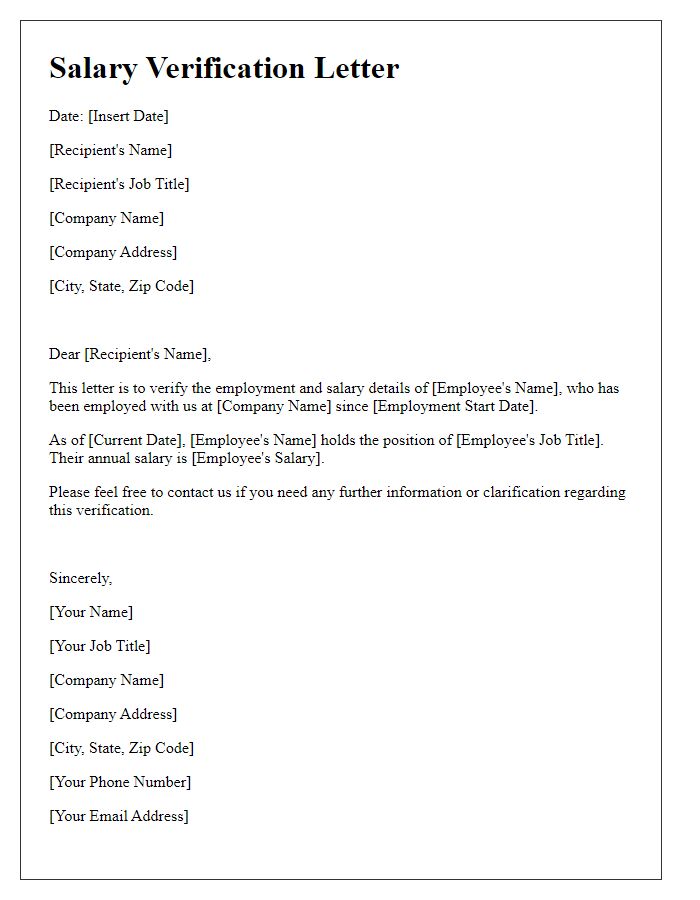 Letter template of salary verification for employment application.