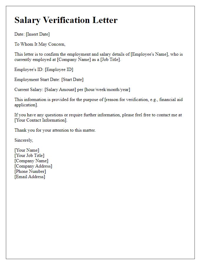 Letter template of salary verification for financial aid.