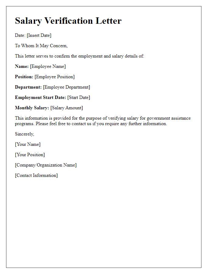 Letter template of salary verification for government assistance.