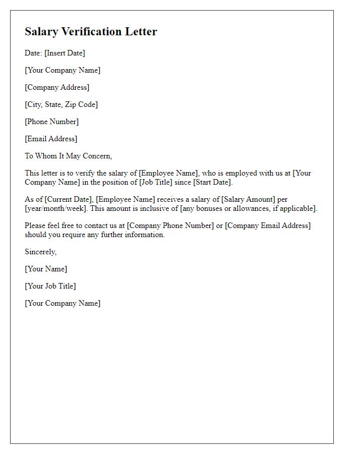 Letter template of salary verification for insurance claims.