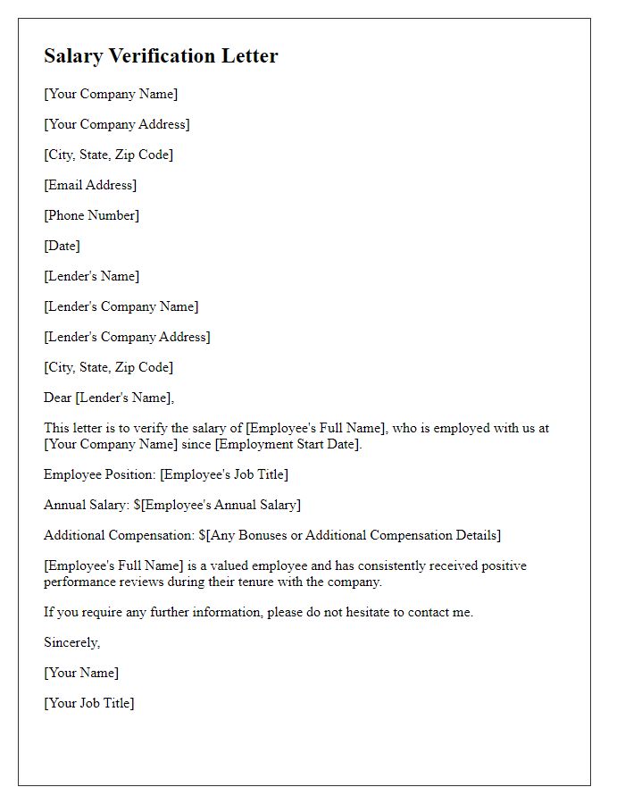 Letter template of salary verification for mortgage application.