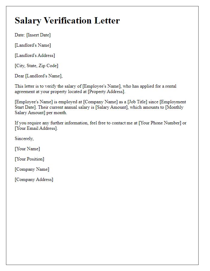 Letter template of salary verification for rental agreement.