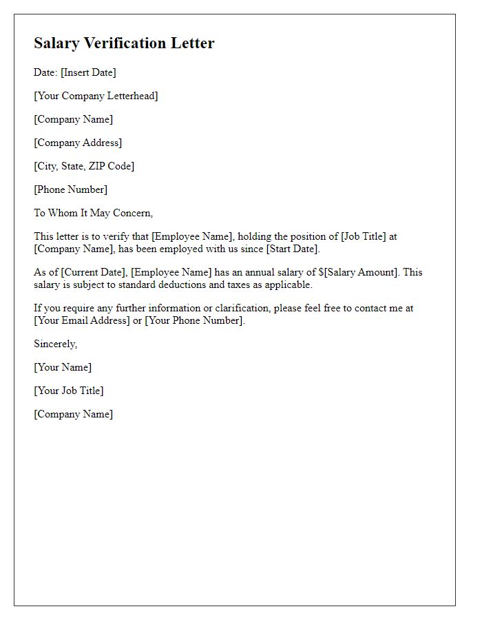 Letter template of salary verification for tax purposes.