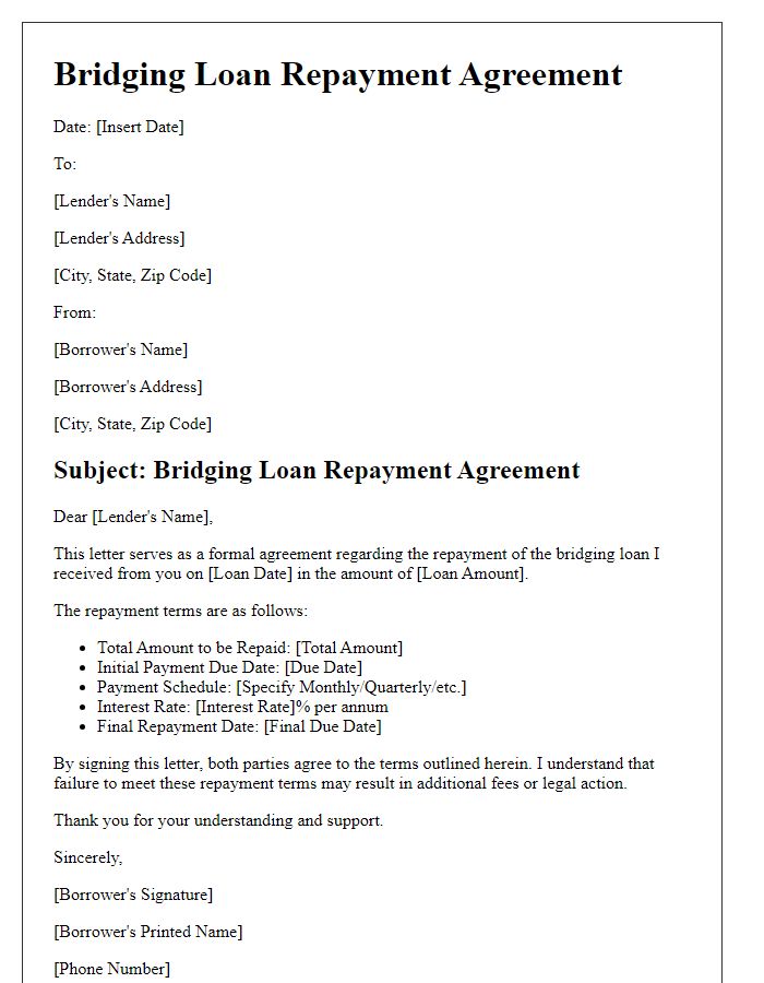 Letter template of bridging loan repayment agreement