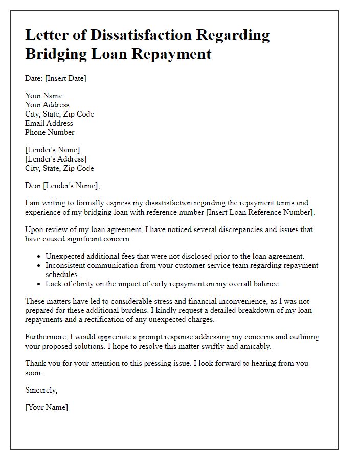 Letter template of bridging loan repayment dissatisfaction