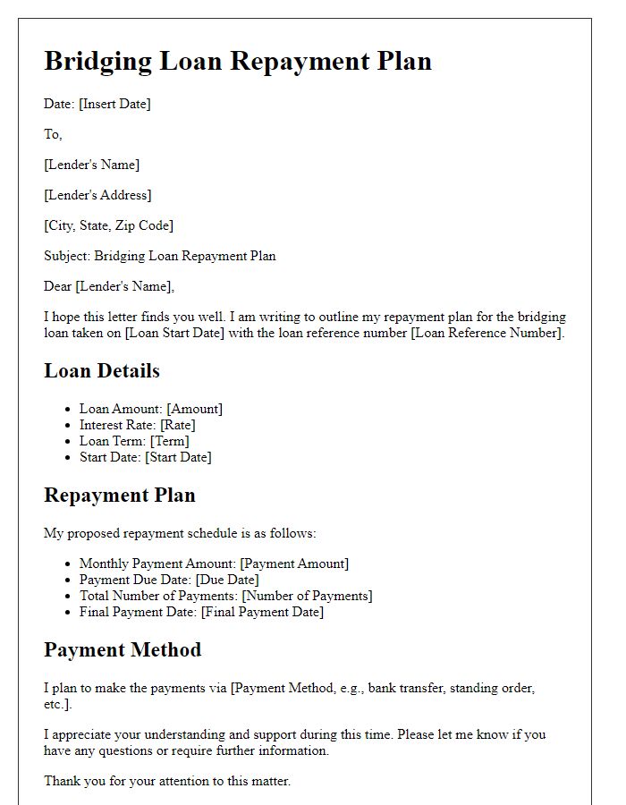 Letter template of bridging loan repayment plan