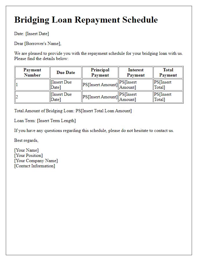 Letter template of bridging loan repayment schedule