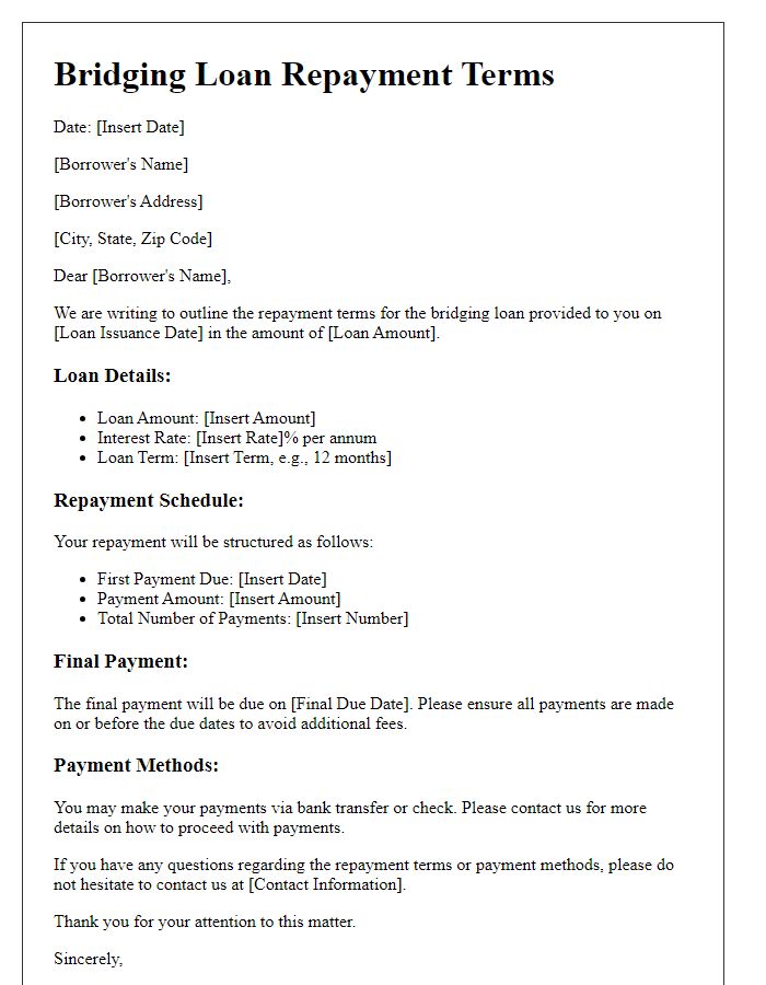 Letter template of bridging loan repayment terms