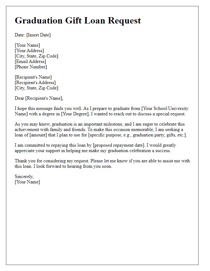 Letter template of graduation gift loan request