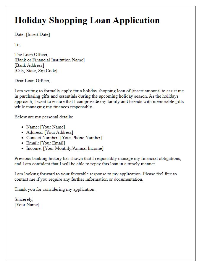 Letter template of holiday shopping loan application