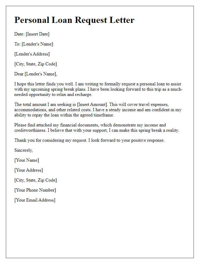 Letter template of spring break personal loan request