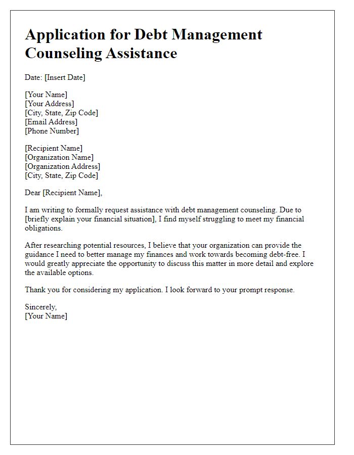 Letter template of application for debt management counseling assistance.