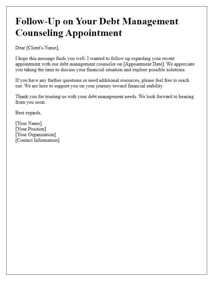 Letter template of follow-up on debt management counseling appointment.