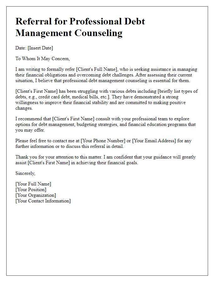 Letter template of referral for professional debt management counseling.