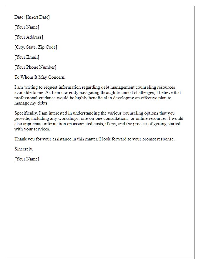 Letter template of request for debt management counseling resources.