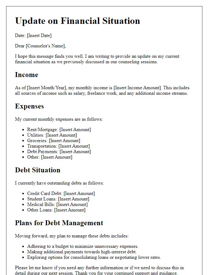 Letter template of update on financial situation for debt management counseling.