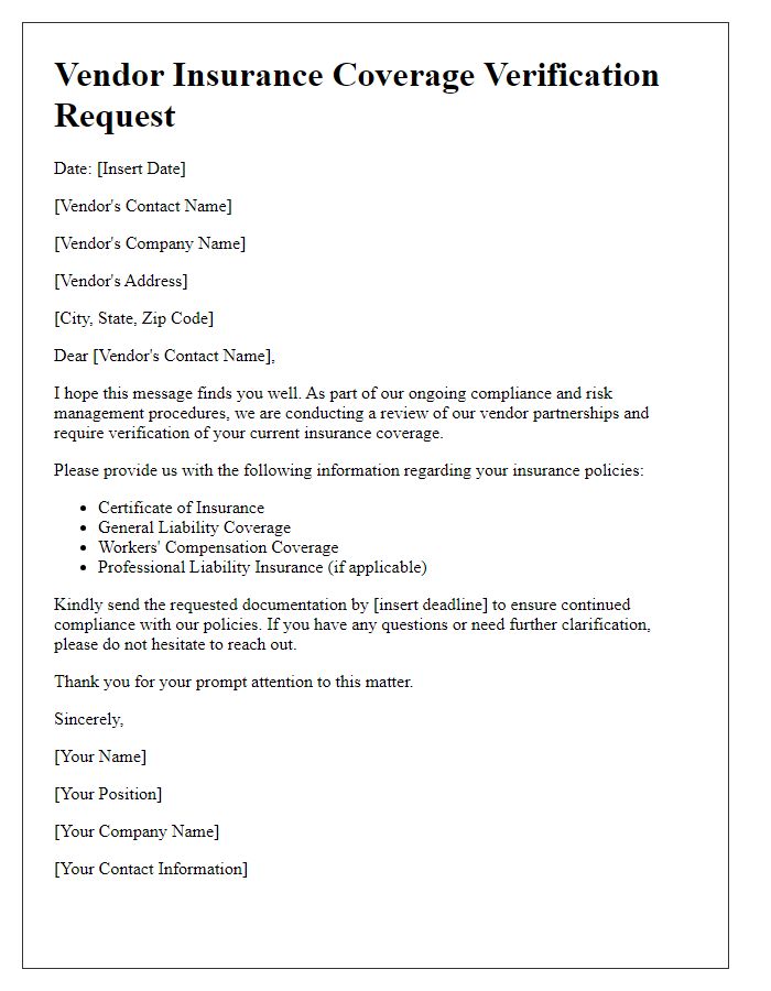 Letter template of vendor insurance coverage verification request