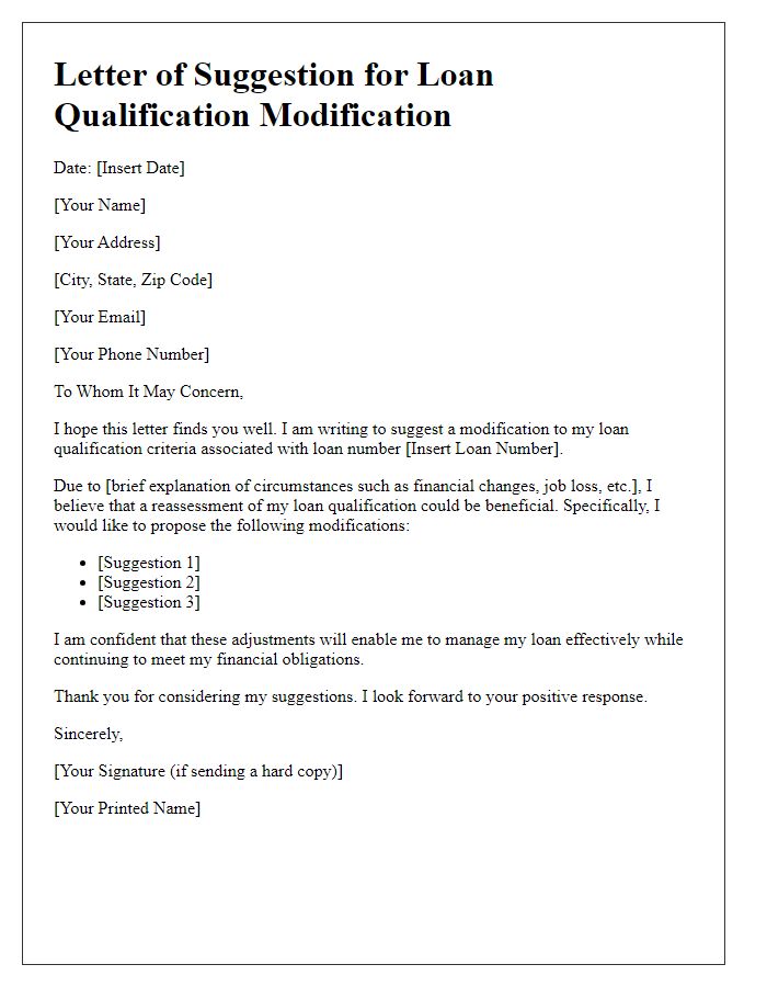 Letter template of suggestion for loan qualification modification