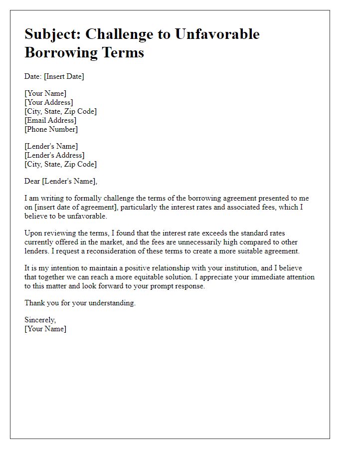 Letter template of challenge to unfavorable borrowing terms