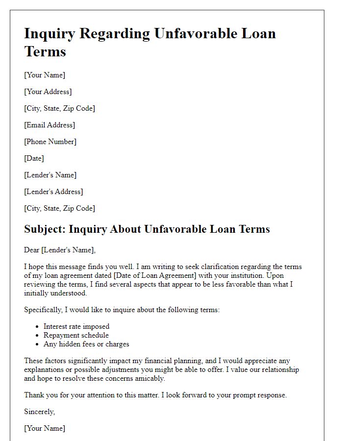 Letter template of inquiry regarding unfavorable loan terms