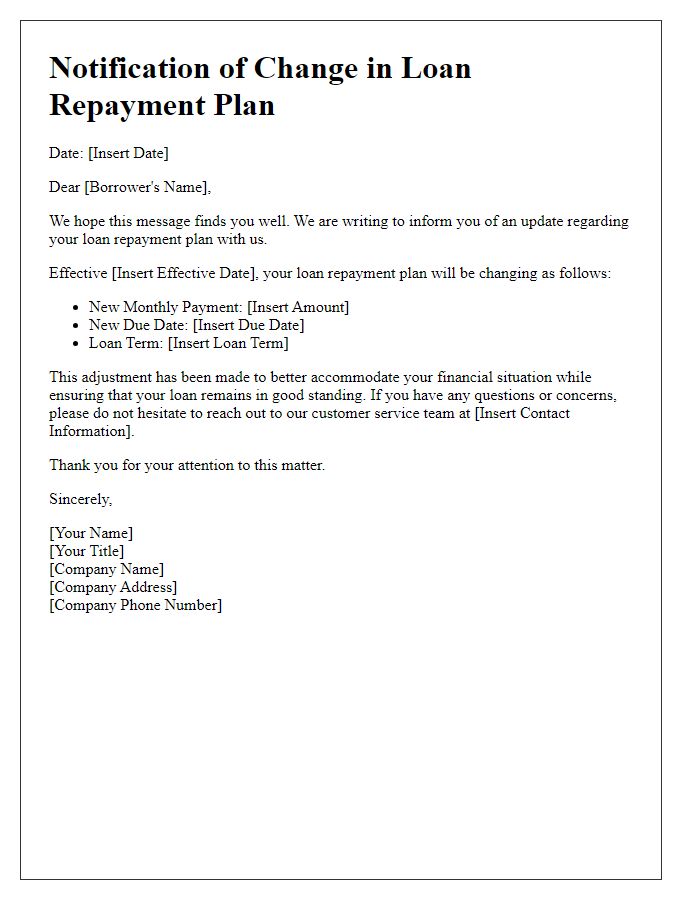 Letter template of notification for change in loan repayment plan.