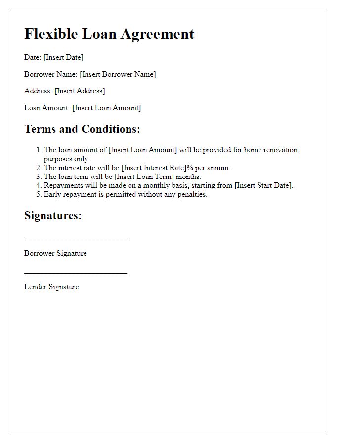 Letter template of flexible loan agreement for home renovation