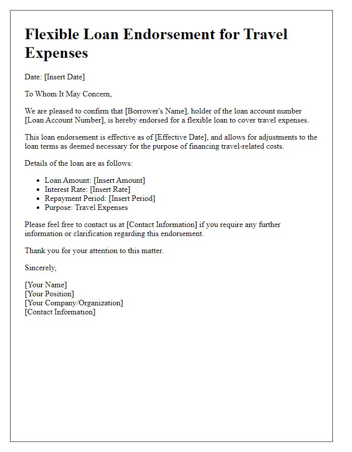 Letter template of flexible loan endorsement for travel expenses