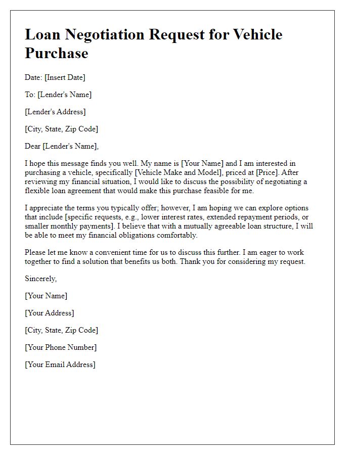 Letter template of flexible loan negotiation for vehicle purchase