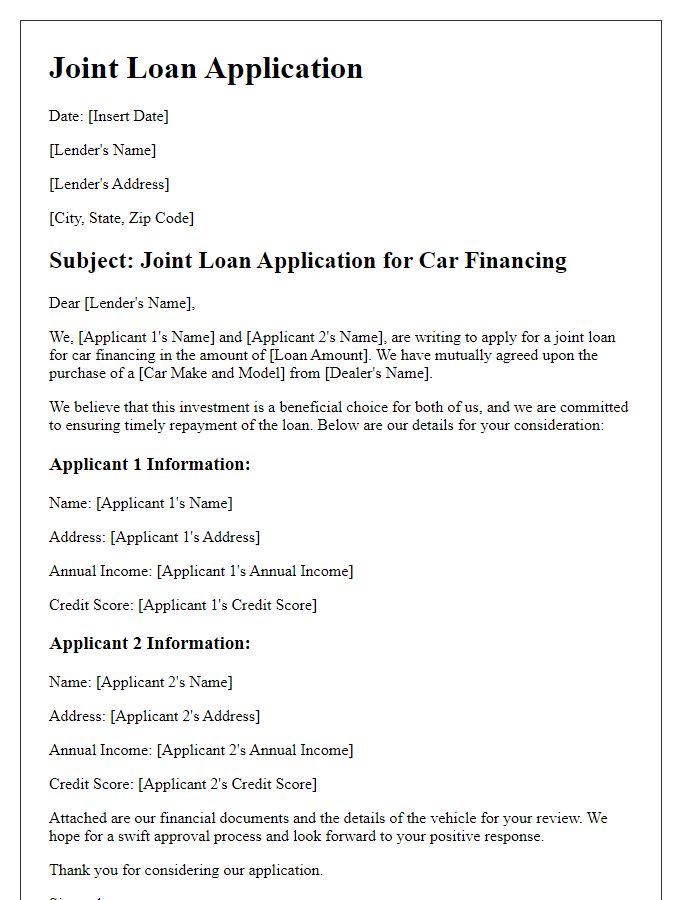 Letter template of joint loan application for car financing.