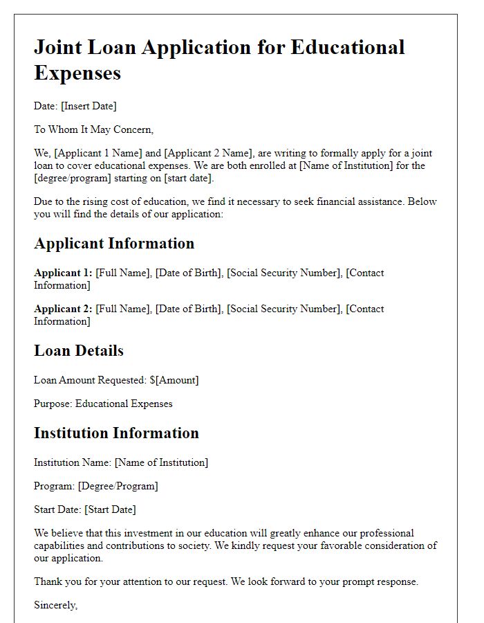 Letter template of joint loan application for educational expenses.