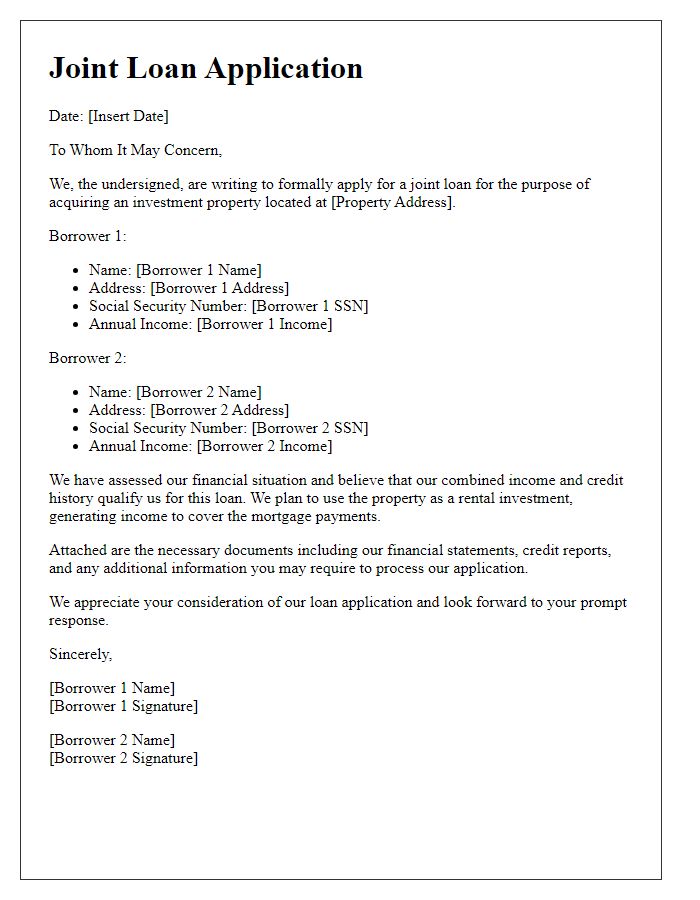 Letter template of joint loan application for investment property.