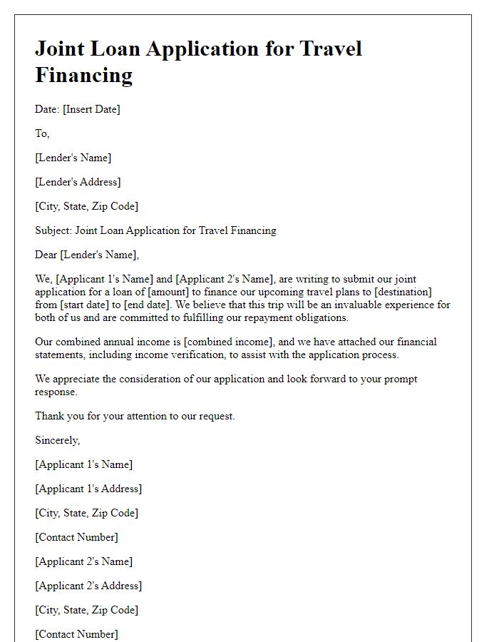 Letter template of joint loan application for travel financing.