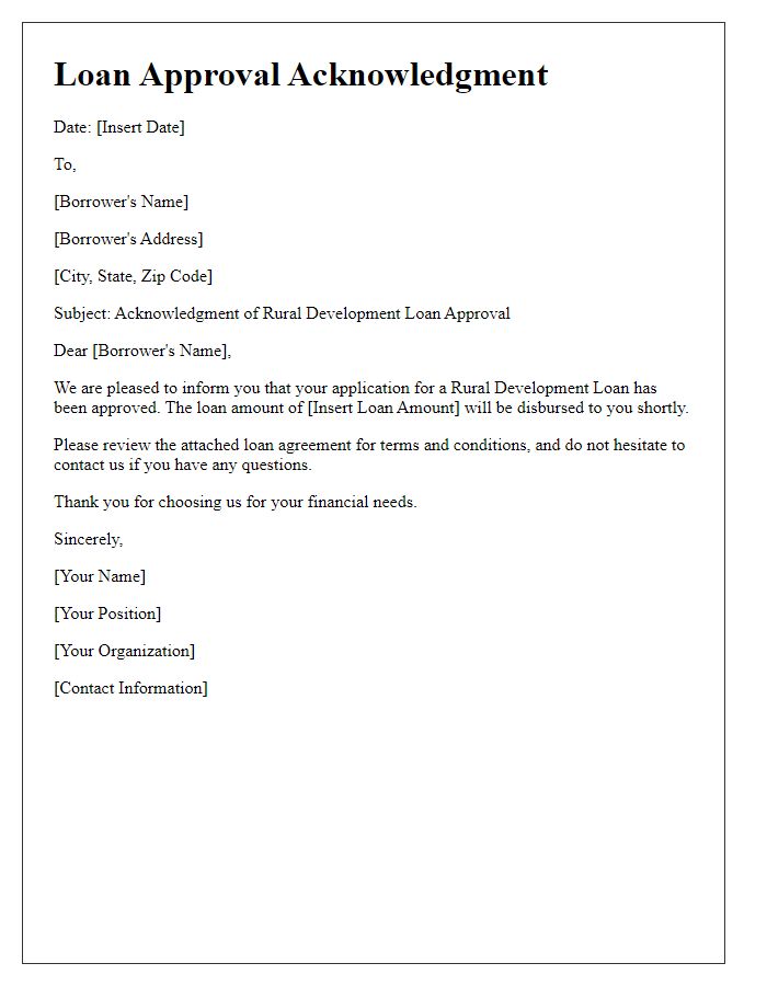 Letter template of acknowledgment for rural development loan approval