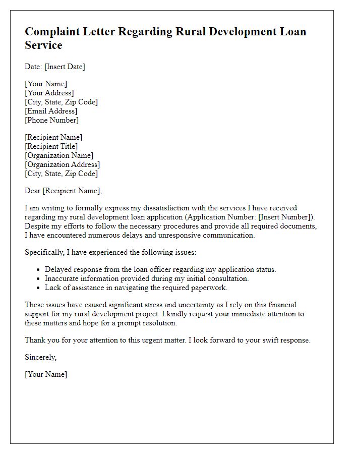 Letter template of complaint related to rural development loan service