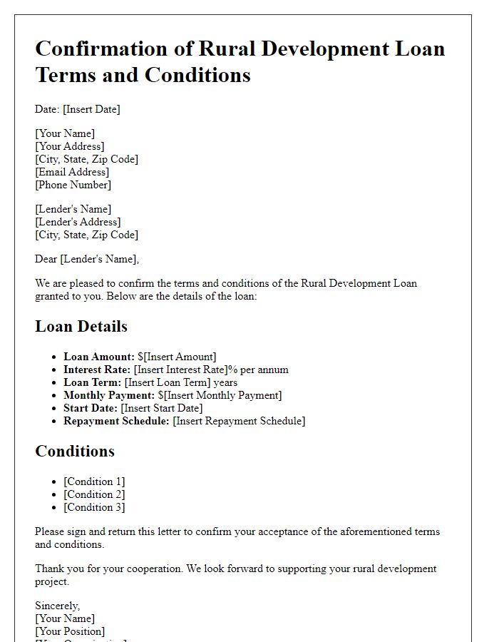 Letter template of confirmation of rural development loan terms and conditions