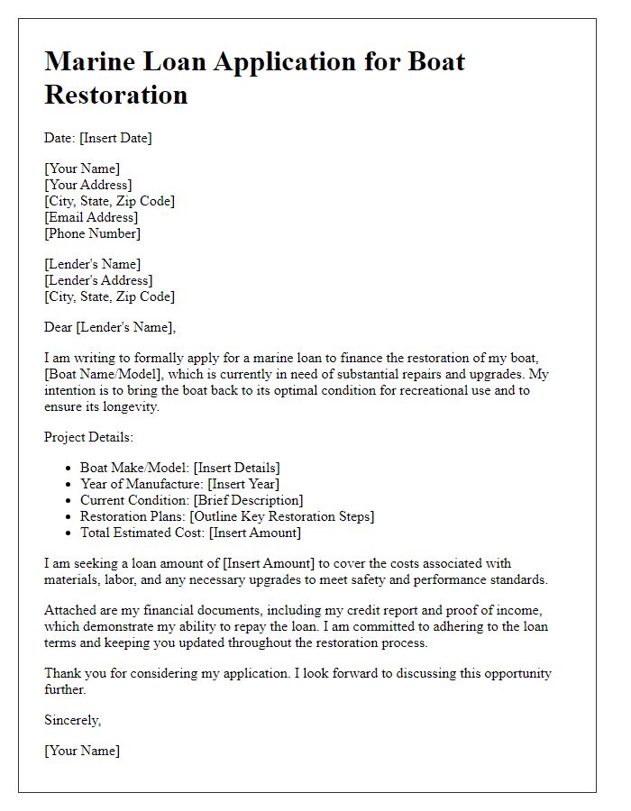 Letter template of marine loan application for boat restoration projects.