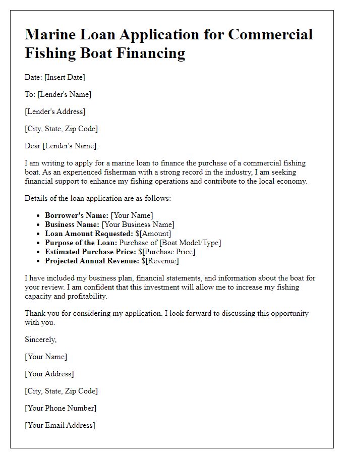 Letter template of marine loan application for commercial fishing boat financing.