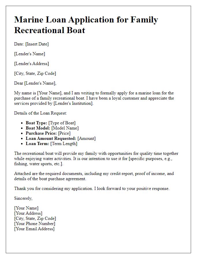 Letter template of marine loan application for family recreational boat.